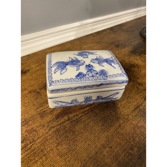 Blue and White Koi Fish Chinoiserie Trinket Box - Picture 2 of 7